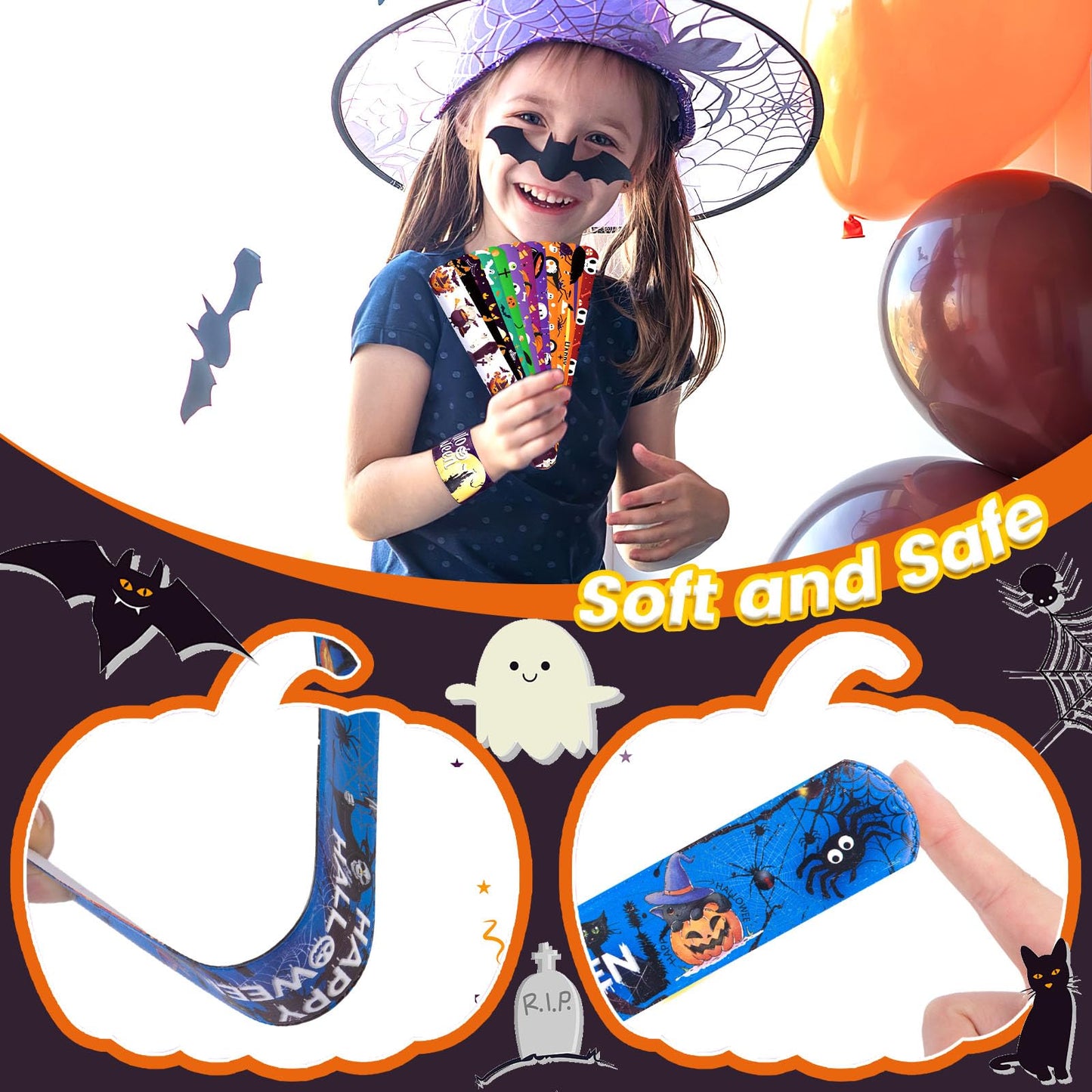 Shindel 96Pcs Halloween Slap Bracelets Bulk, Halloween Party Favors For Kids Friendship Bracelets For Classroom Game Prizes Good