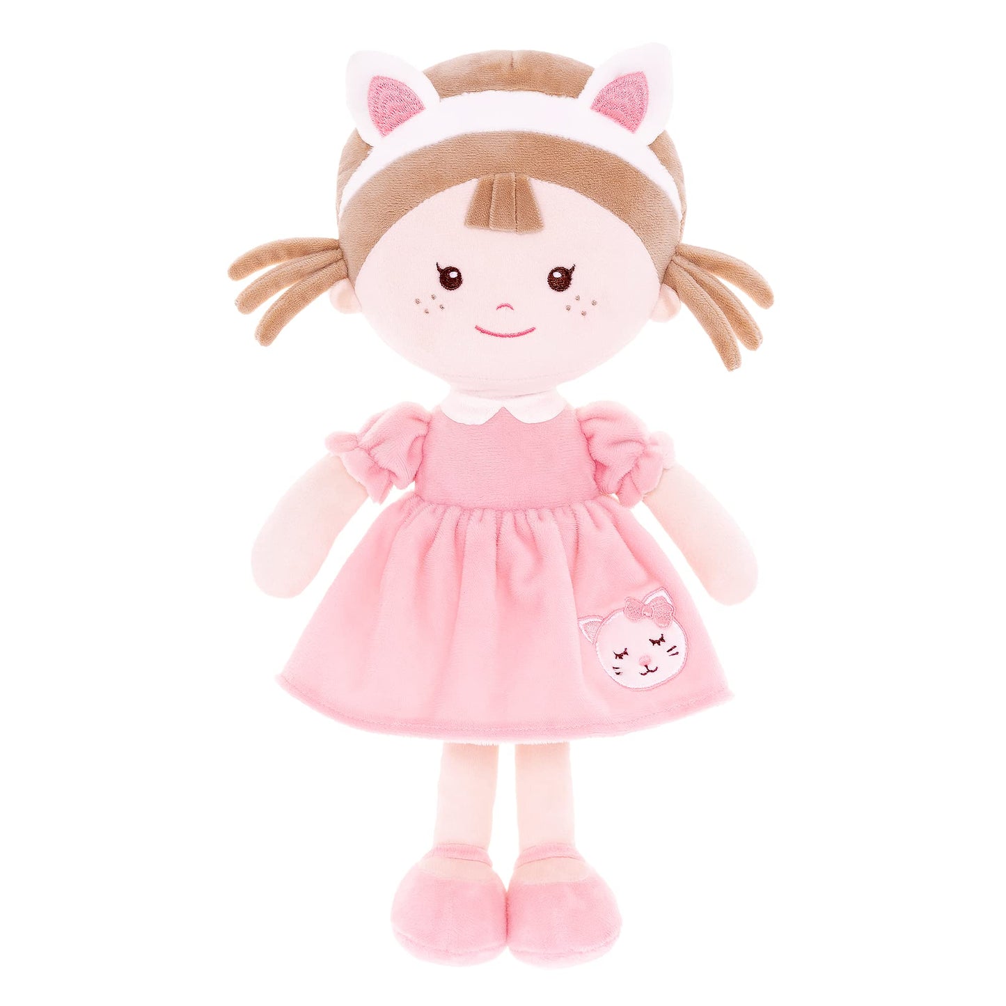 Onetoo First Baby Doll Cuddle Buddy Doll Soft Baby Doll Baby Dolls Plush Rag Doll Wear Kitty Costume Pinkdress 14'(Milly Series)