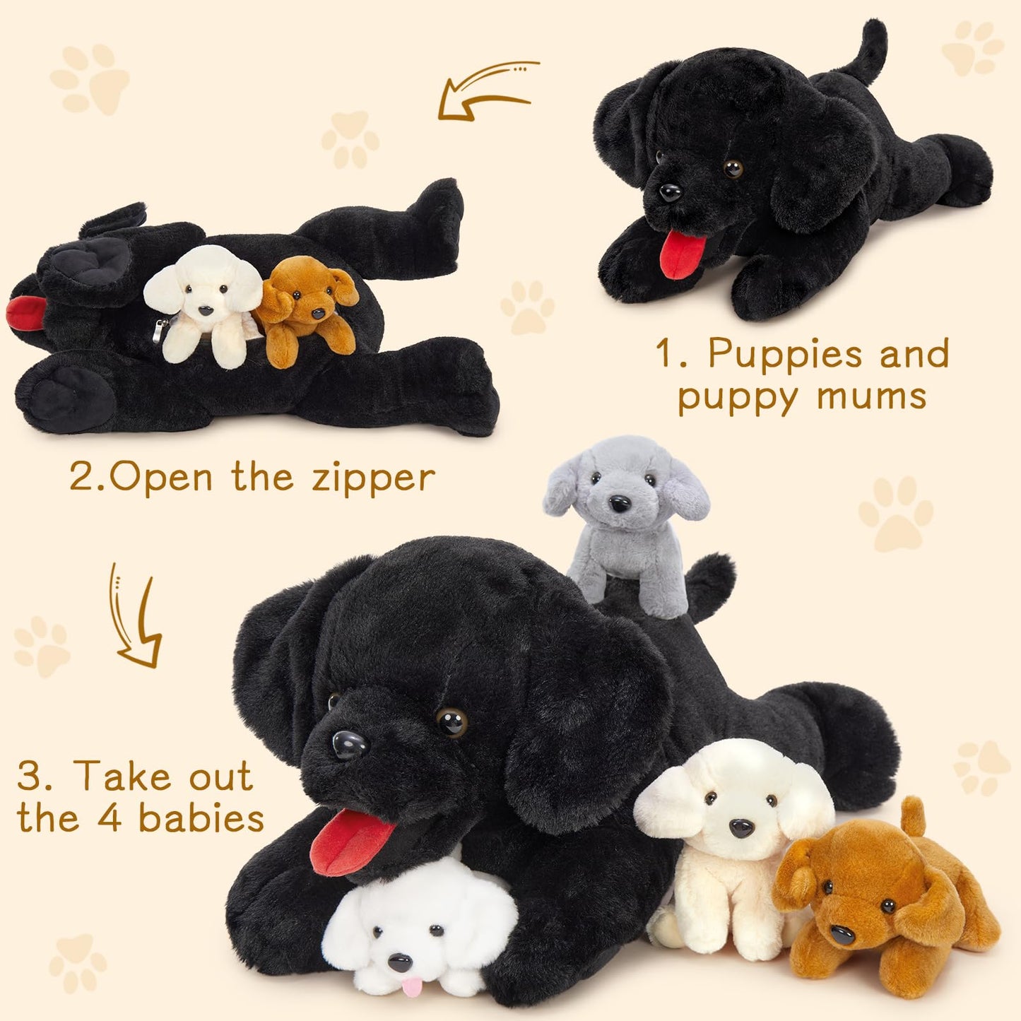 Muiteiur 5 Pcs Dog Stuffed Animal Set Black Lab Stuffed Animal with Red Tongue Labrador Puppy Plush Toys Gift for Birthday Theme Praty