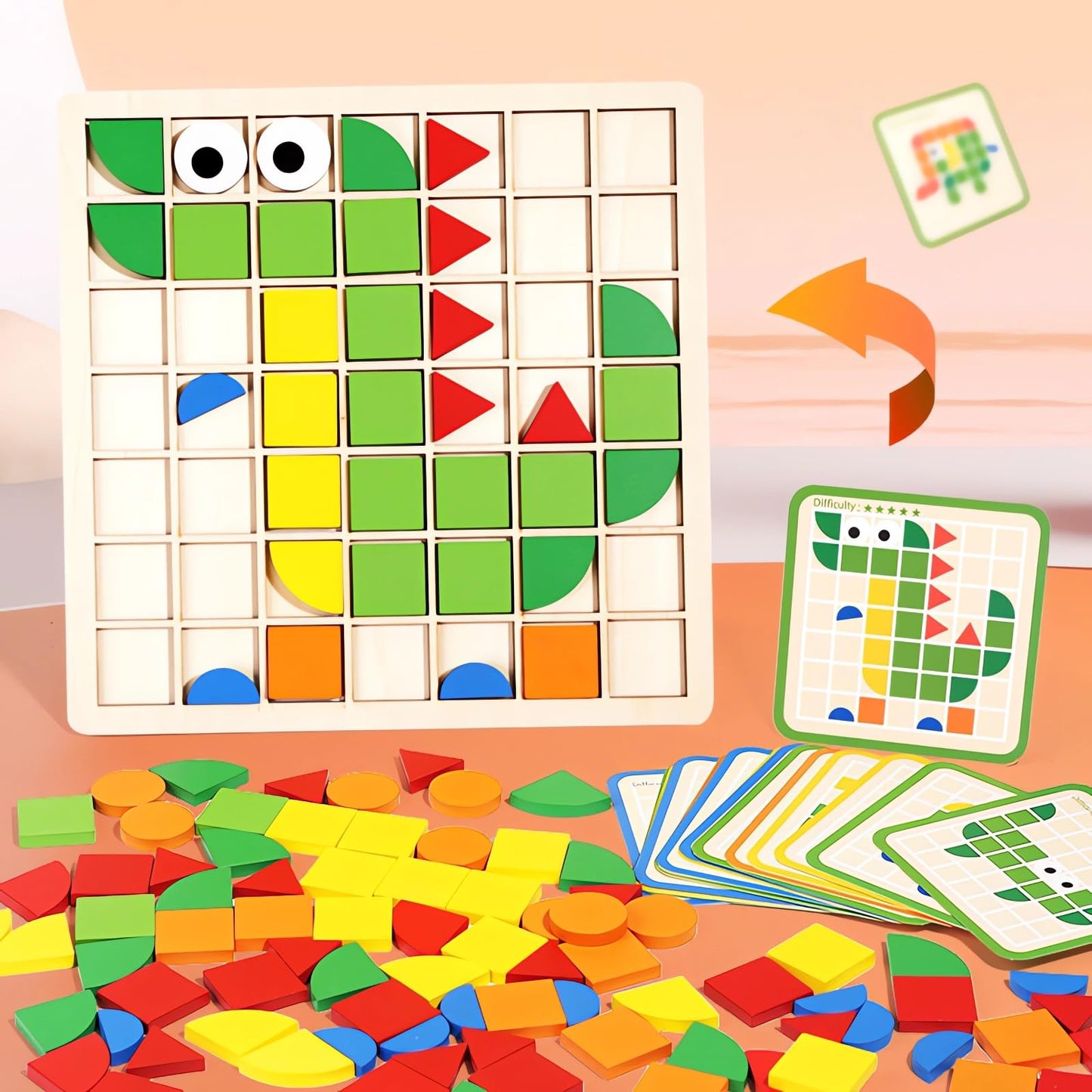Mosaic Shape Wooden Pattern Blocks Puzzle, 120 Pcs Wooden Pattern Blocks With 20 Pcs Design Cards,Kindergarten Classic Education
