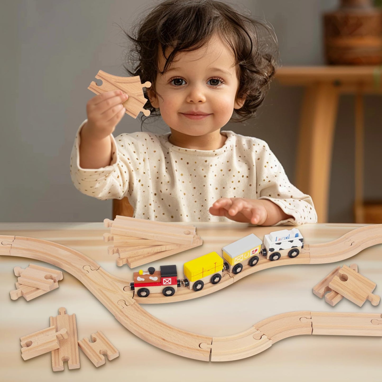 Wooden Train Tracks 24 Piece Set, Track Expansion and 9 Distinct Pieces - 100% Compatible with All Major Brands Including Thomas