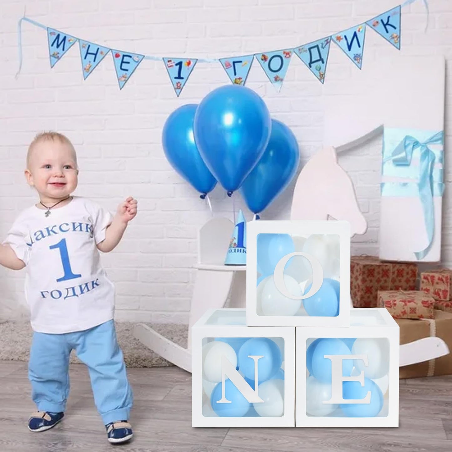 Toniful 1St Birthday Party Supplies Macaron Blue White Balloon Box With Letters One, Baby Boy Theme One Year Old Birthday Party