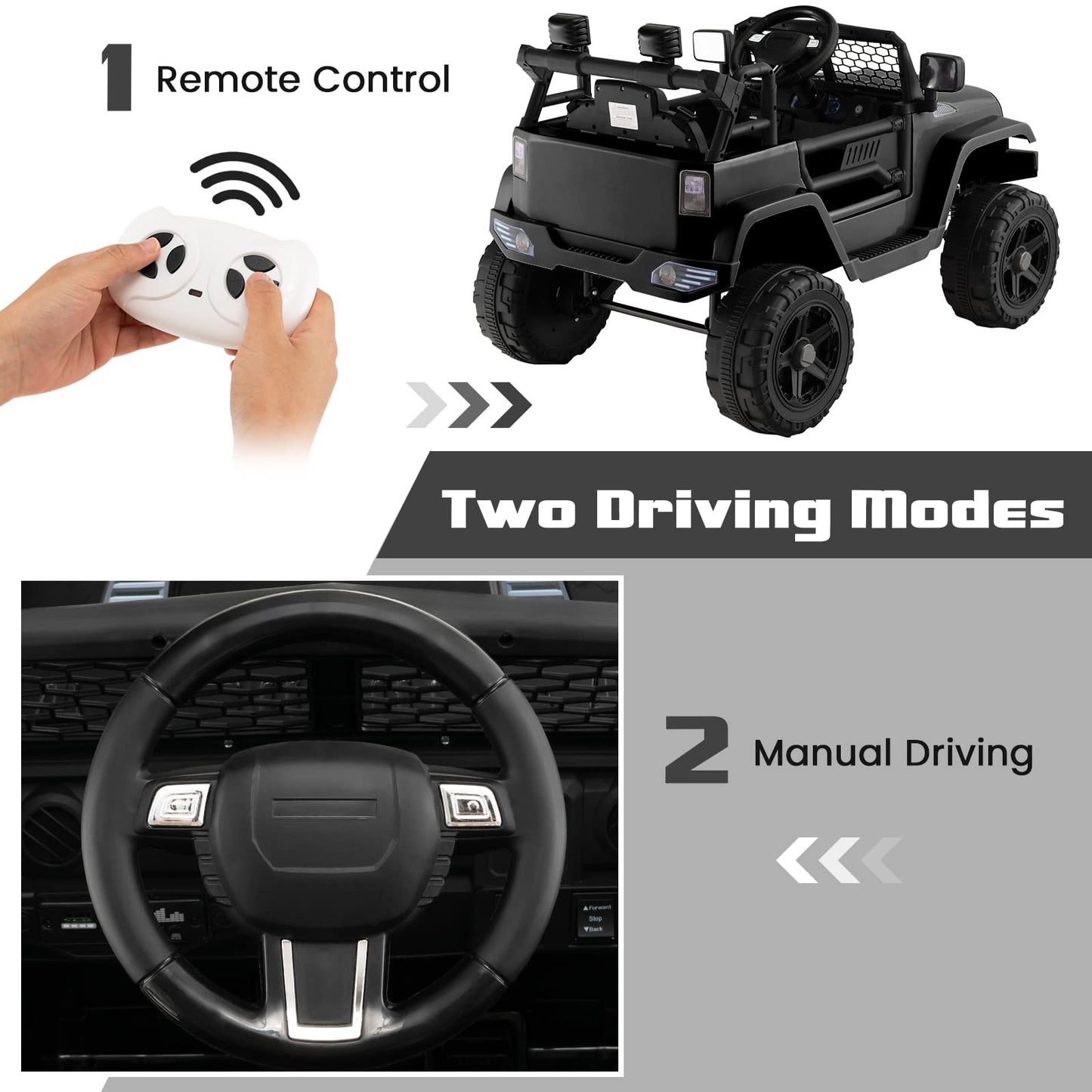Olakids Kids Ride On Truck, 12V Electric Vehicle Jeep Car With Remote Control, Toddlers Battery Powered Toy With 2 Speeds, Spring Suspension, Double Open Doors, Led Lights, Music, Tf, Usb, Mp3 (Black)