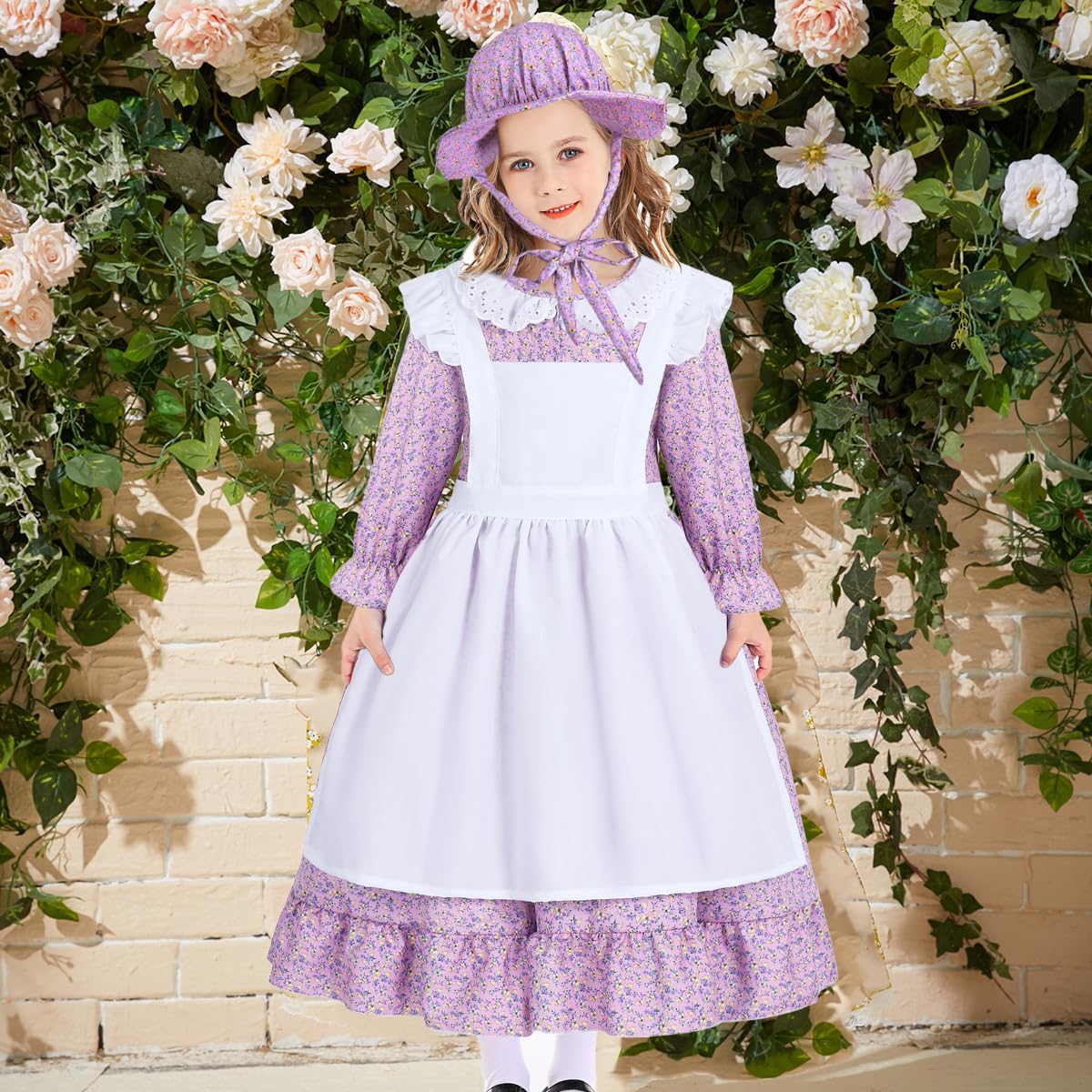 Pioneer Girl Costume Colonial Prairie Costume Dress Kids Pilgrim Costume Outfit Bedelia Martha Cosplay Floral Maid Farmer Dresse