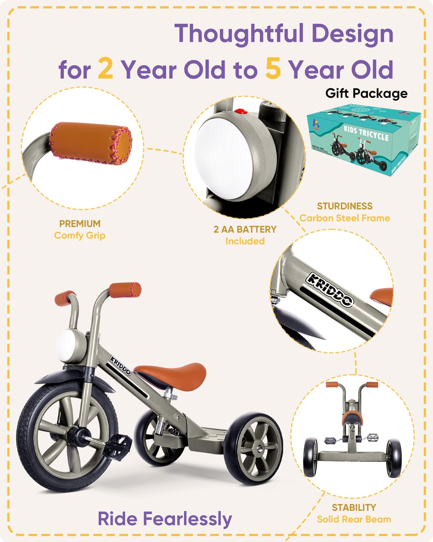 Kriddo Kids Tricycles Age 2 Years To 5 Years, 12 Inch Puncture Free Rubber Wheel W Front Light, Kids Trike For 2.5 To 5 Year Old