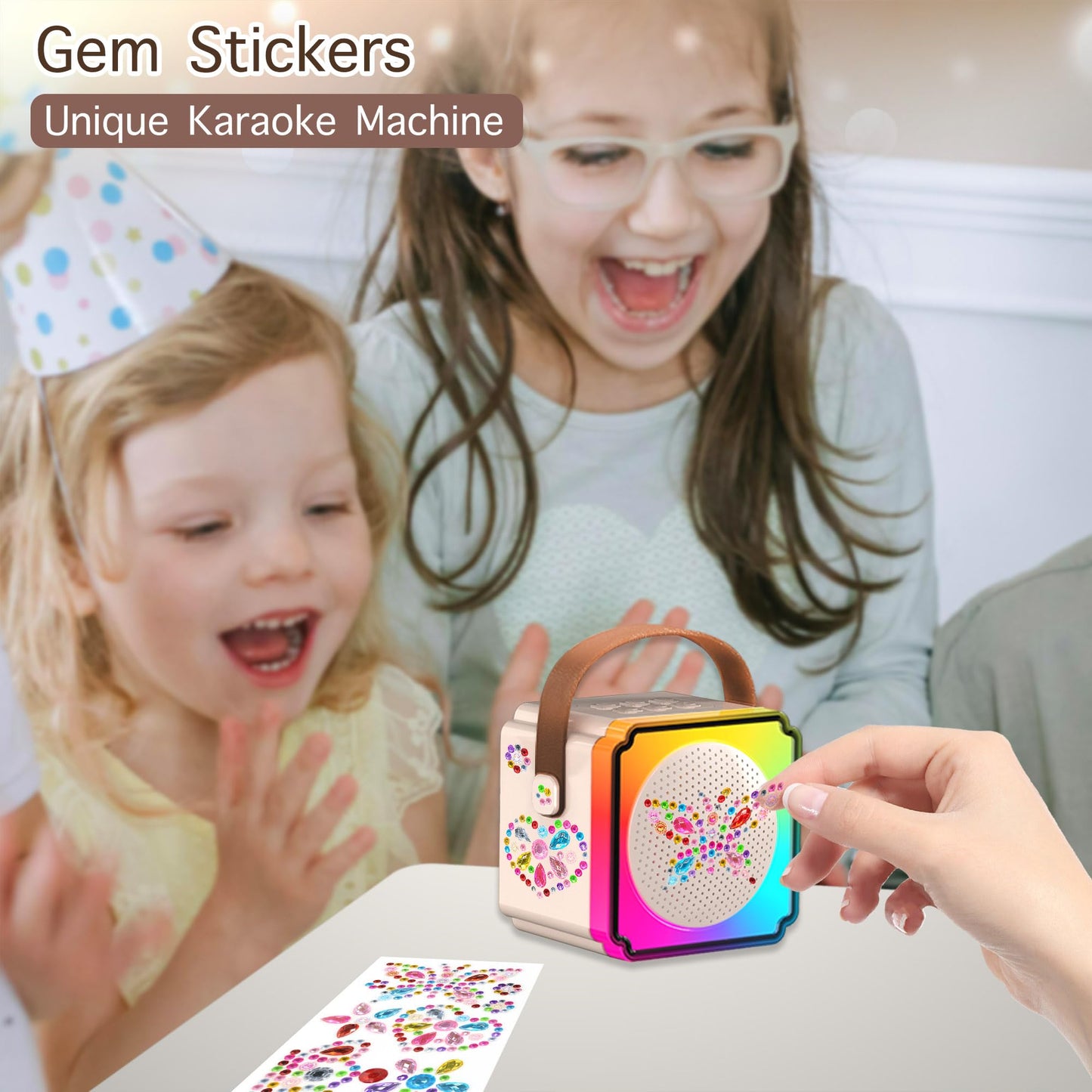 Mini Karaoke Machine with 2 Wireless Microphones, Adults Kids Toys, Gems Stickers, Portable Bluetooth Speaker, Christmas Birthda