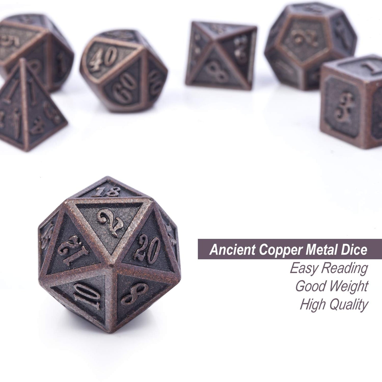 D&D Metal Dice Set, DNDND 7PCS Metallic Ancient Copper Dice with Metal Case for DND Dungeons and Dragons Table Games Roly Playin