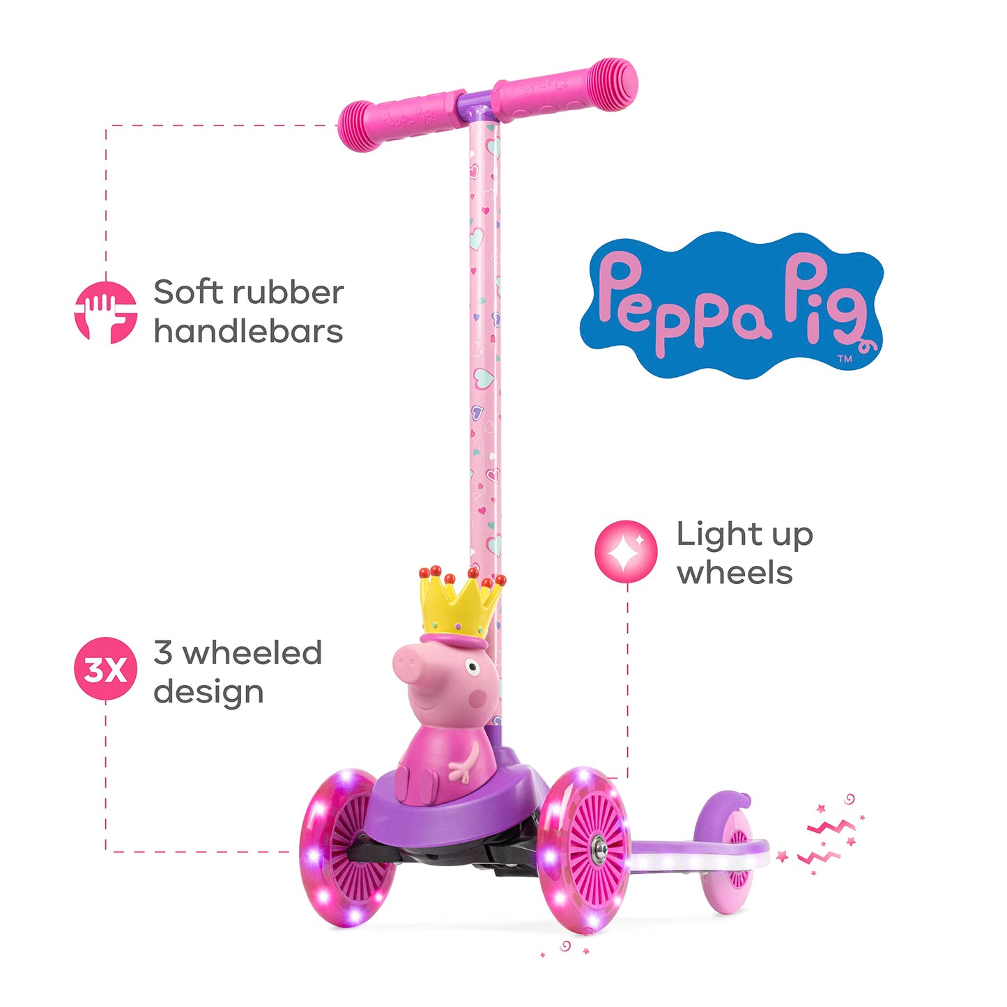 Peppa Pig Kick Scooter For Kids, Self-Balancing 3 Wheeled Light Up Scooter With Extra Wide Anti-Slip Deck, Rear Brake, Lean To S