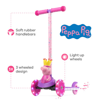 Peppa Pig Kick Scooter For Kids, Self-Balancing 3 Wheeled Light Up Scooter With Extra Wide Anti-Slip Deck, Rear Brake, Lean To S
