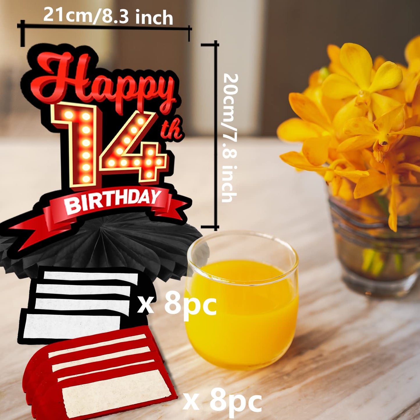 Happy 14Th Birthday Red And Black Table Honeycomb Centerpieces Balloons Theme Decor Table Decorations Table Toppers For Girls Women Princess 14 Years Old Birthday Party Bday Supplies Background Gold