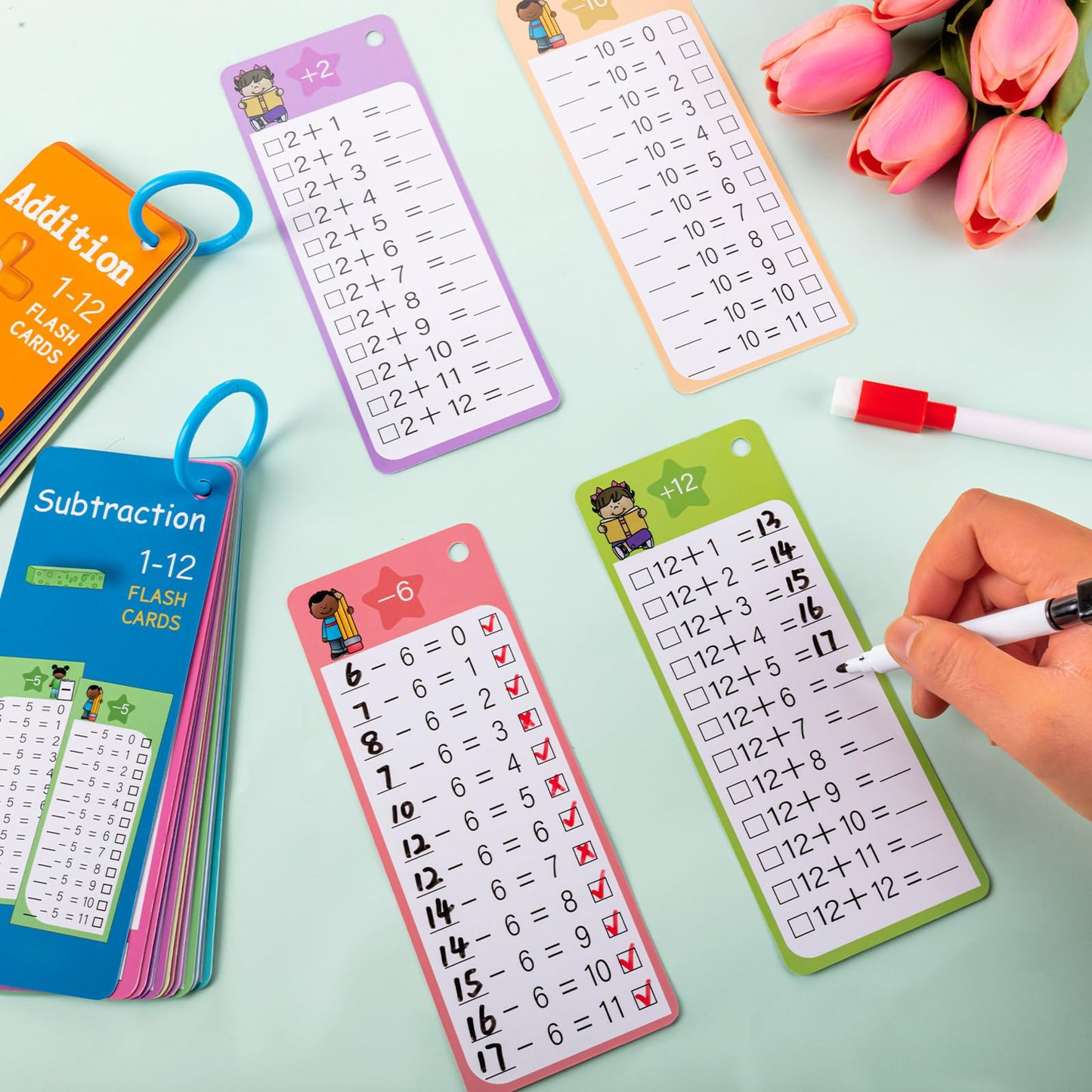 30Pcs Addition And Subtraction Flash Cards, Math Flash Card With 4 Dry Erase Pens 2 Rings, Time Table Flash Cards For 1St To 3Rd