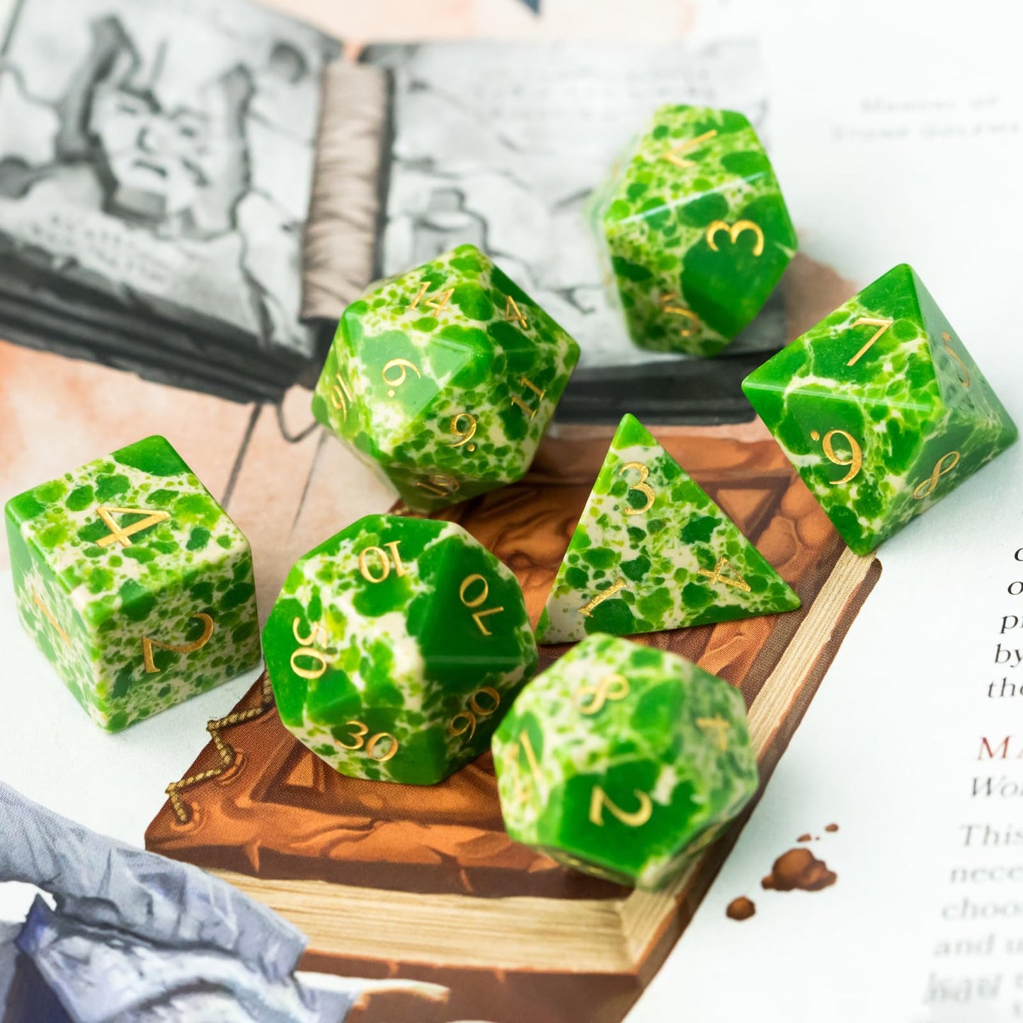 UDIXI Green with White Gemstone Dice Set D&D 7PCS Stone DND Dice Polyhedral Dice Set for Dungeons and Dragons Role Playing Games