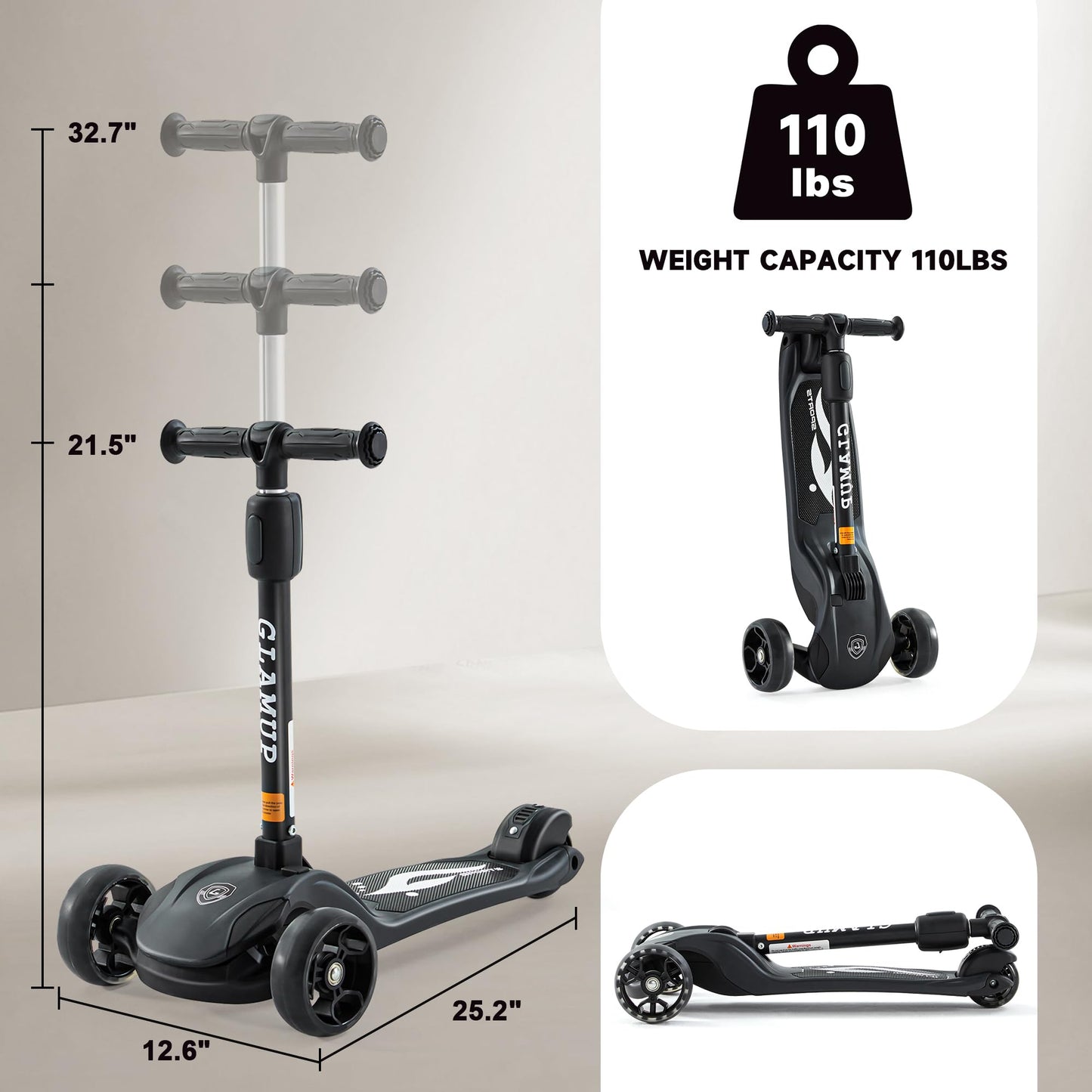 Glamup Kick Scooter Adjustable Height Adjustable Handlebar,Kids Scooter 3 Wheel With Led Lights,Suitable Kids Ages 2,Ages 6,Ages
