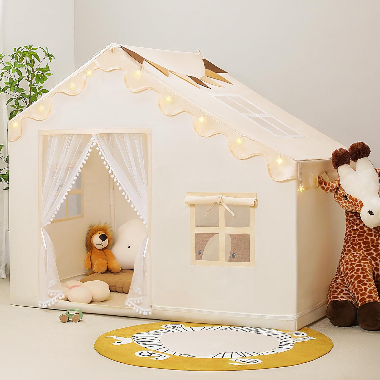 PIIKAGO Kids Play Tent with Mat - Kids Tent Indoor with Star Lights and Flags, Toddler Tent for Kids Ages 3-8, Toddler Playhouse
