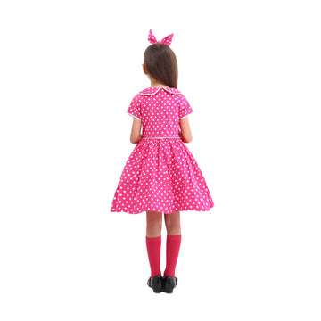 Raberto Girls Vintage 50S Dress, Pink Polka Dot With Headband, Glasses And Socks For Girls 7-8 Years, Large, Rose Red