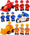 Funerica 12-Pcs People Figures And Toy Cars Playset - Fireman, Police, Construction Workers - Pretend Play Vehicle & Figurine Set Accessories For Kids - Emergency Rescue & Construction Toys