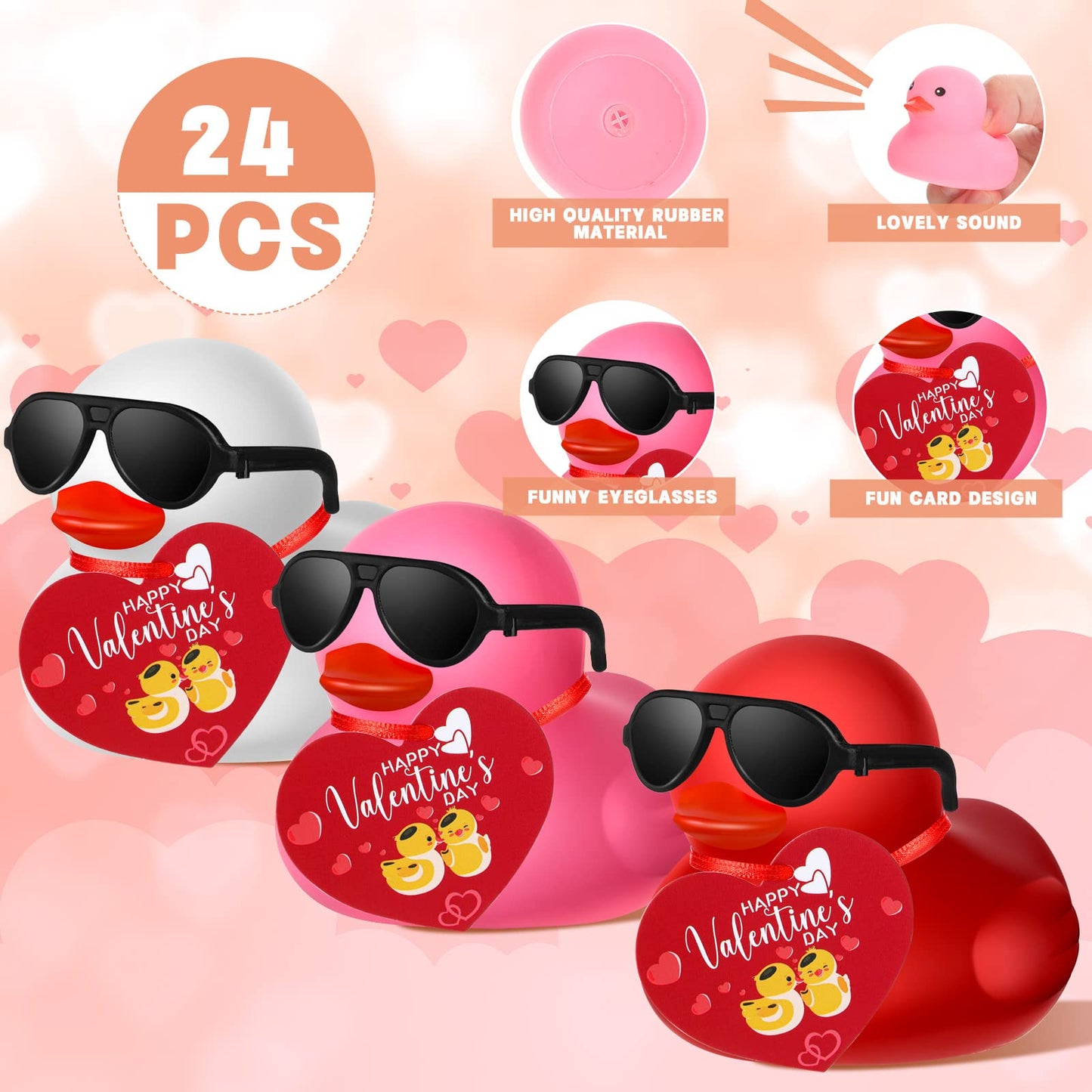 Chivao 24 Pcs Valentine Rubber Ducks With 24 Sunglasses And 24 Heart Gift Card Rubber Ducky Bath Toy Heart Ducks For Birthday Pa