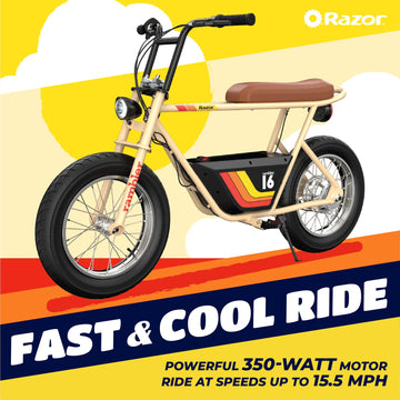 Razor Rambler 16 - 36V Electric Minibike With Retro Style, Up To 15.5 Mph, Up To 11.5 Miles Range, Wide, Rugged 16'' Air-Filled