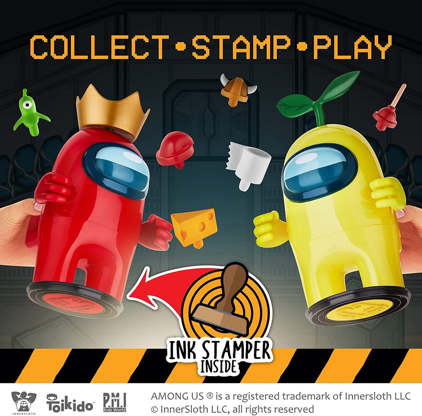 Among Us Stamper Crewmate Figures With Stampers| Two Of Four 6.7-Inch-Tall + 10 Hidden Hats & Accessories| Party Favors And Playable Collectibles | Unique Impostor With Mouth Open And Pink Crewmate