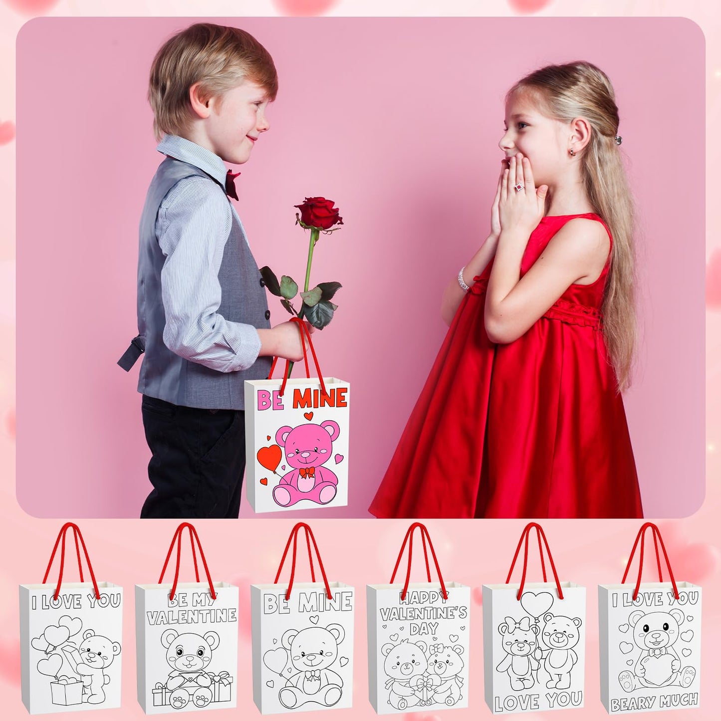 Resholder 24 Pcs Valentines Day Paper Coloring Bags with Handle Color Your Own Candy Gift Bags Valentine Heart DIY Craft Goody
