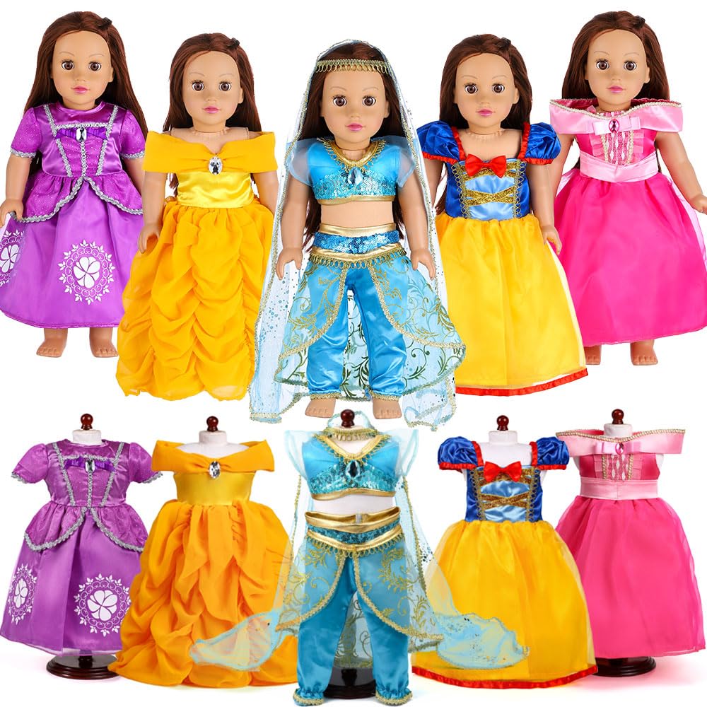 18-Inch Girl Doll Clothes Princess Dress - 5 Pc Different Princess Dress Set Includes Jasmine, Snow White, Belle, Rapunzel And Aurora Fits 18” Dolls (Set5-01)