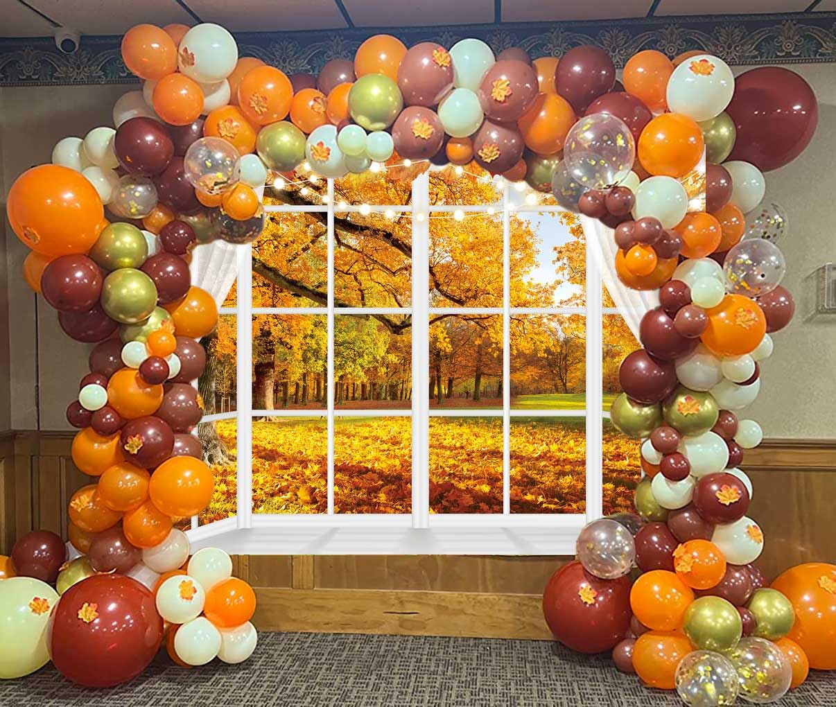 Autumn Window Photography Backdrop 8x6FT White Curtains Fall Forest Scene Background Autumn Thanksgiving Party Decorations Suppl