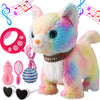 Colorful Leash Walking Cat Set Singing That Purrs And Meows Animated Plush Robot Kitten Moving Plush Realistic Stuffed Animal Remote Control Cute Kawai Robotic Kitty Toy For Girl