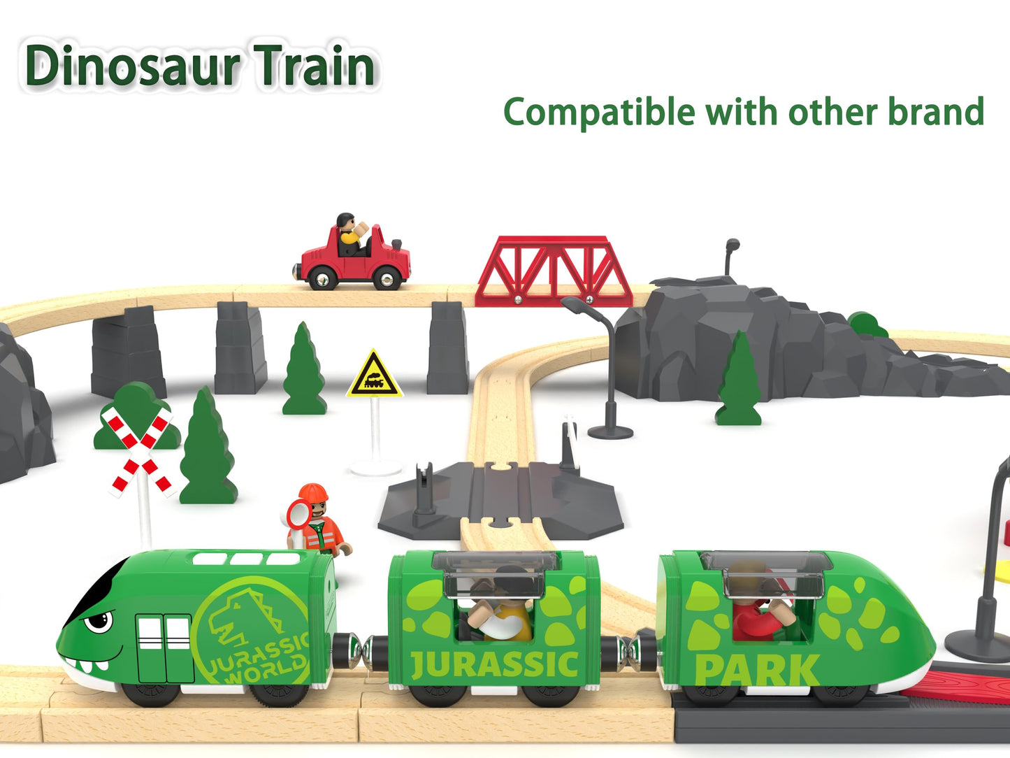 Toy Train Set For Wooden Tracks, Battery Operated Train For Toddlers, Motorized Train With Dinosaur Train For Kids, Electric Train Toy Compatible With Thomas & Friends, Brio