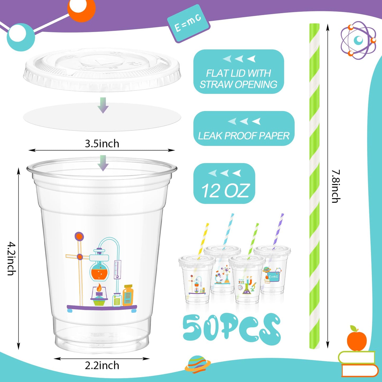 Foldtier 50 Pcs Science Cups 12 Oz Disposable Plastic Cups With Straws And Lids Science Clear Cup Birthday Cups Supplies Birthda