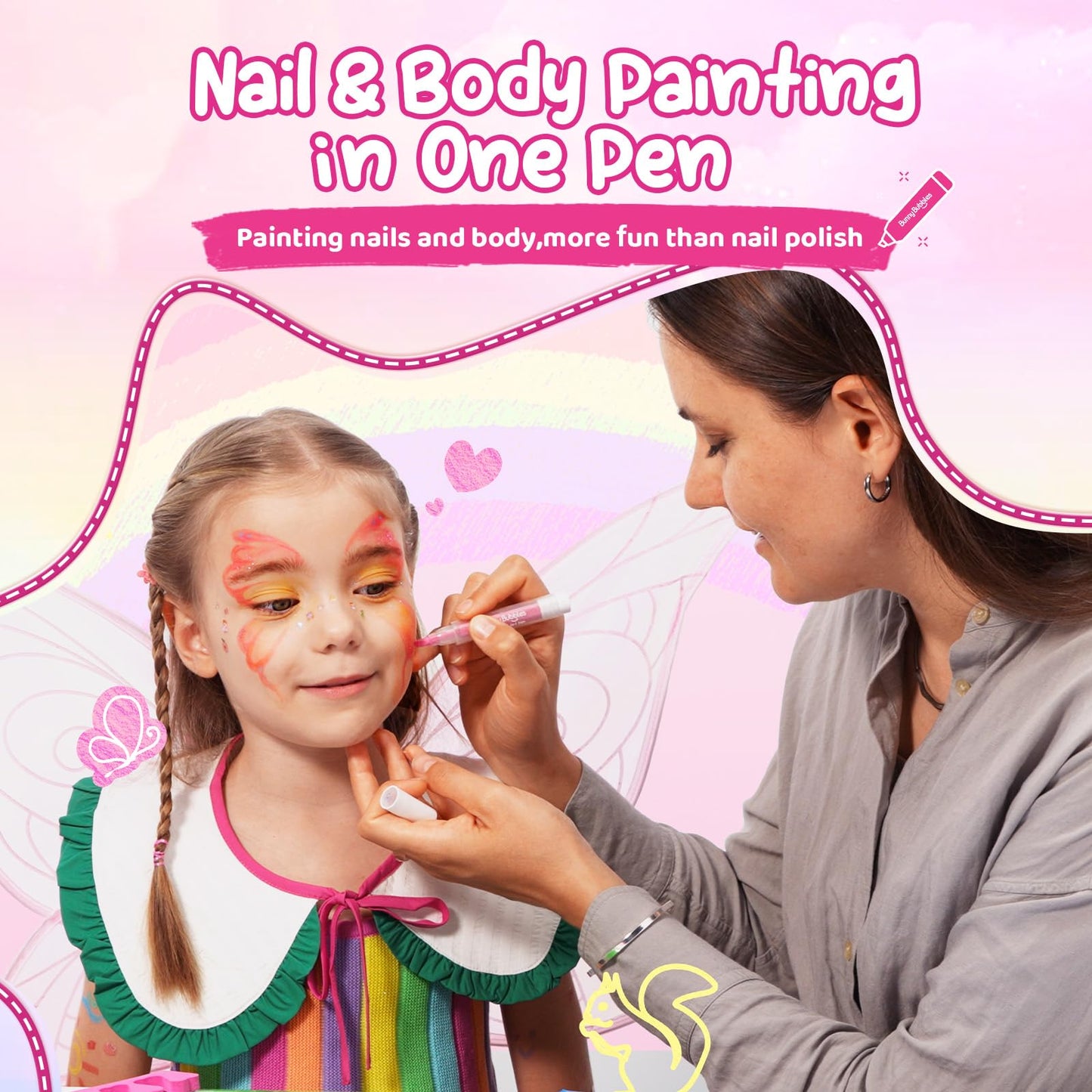 Kids Makeup Sets for Girls Nail & Body Art Pens Kits, 27Pcs Washable Temporary Tattoo Pen Sets, Cosmetic Party,Girls Makeup Kits