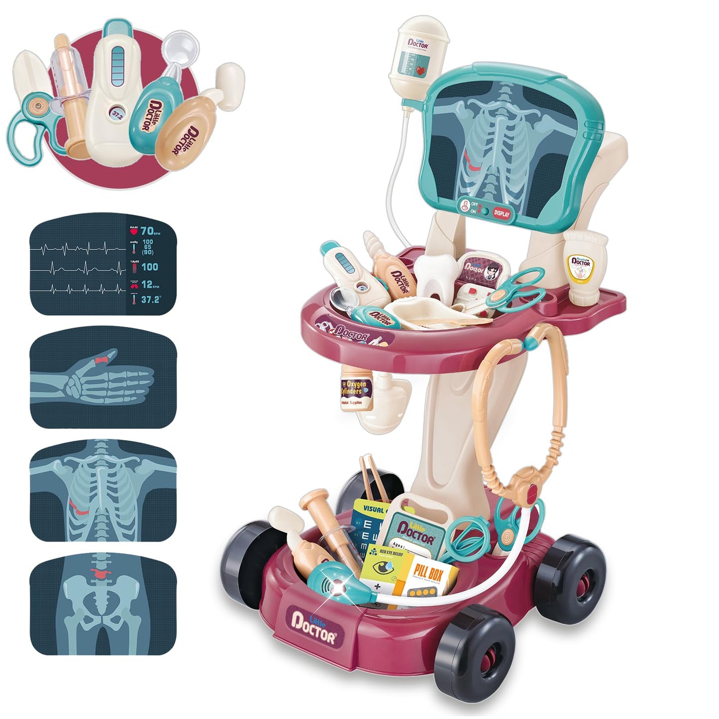 29 Pcs Doctor Kit for Toddlers 3-5 Pretend Play Toys Dentist Set Vet Medical Mobile Cart with Sound & Light Xray Stethoscope Tod