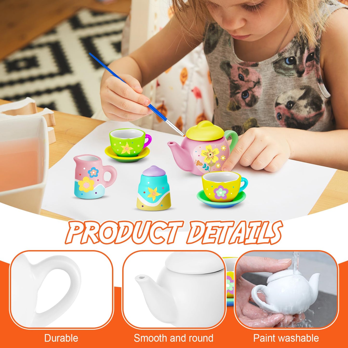 PullCrease 45 Pcs Spring Paint Your Own Tea Kit Craft DIY Tea Kit for Kids Ages 8+ Mini Ceramic Tea Cups to Paint Including Porc
