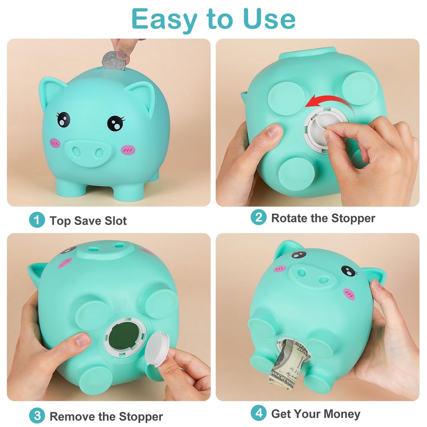 Piggy Bank Girls, Unbreakable Piggy Banks Large Money Coin Bank For Kids With Diy Stickers, For Birthday, Easter, Baby Shower, Green