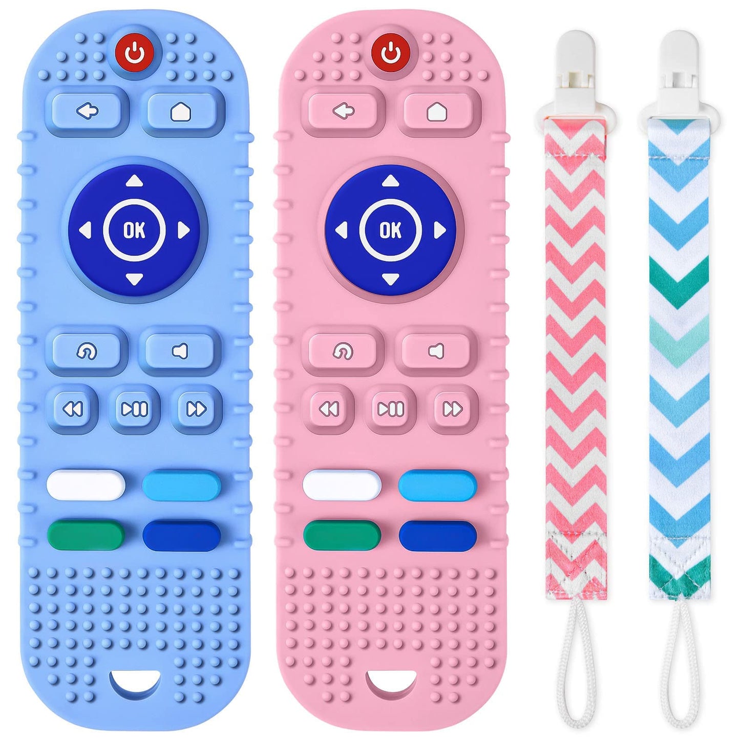 Aolso Baby Teether Toys, 2Pcs Silicone Teething Toys, Remote Control Shape Teething Toys With 2Pcs Pacifier Clip, Teething Relie
