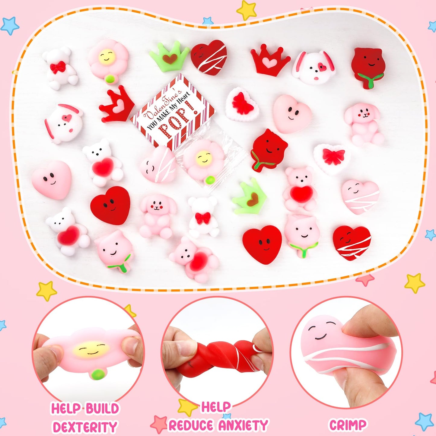 30 Pcs Mochi Squishys Toy, Valentines Day Gifts For Kids, Valentines Day Cards For Kids,Valentines Gift Birthday Party Favors Fo