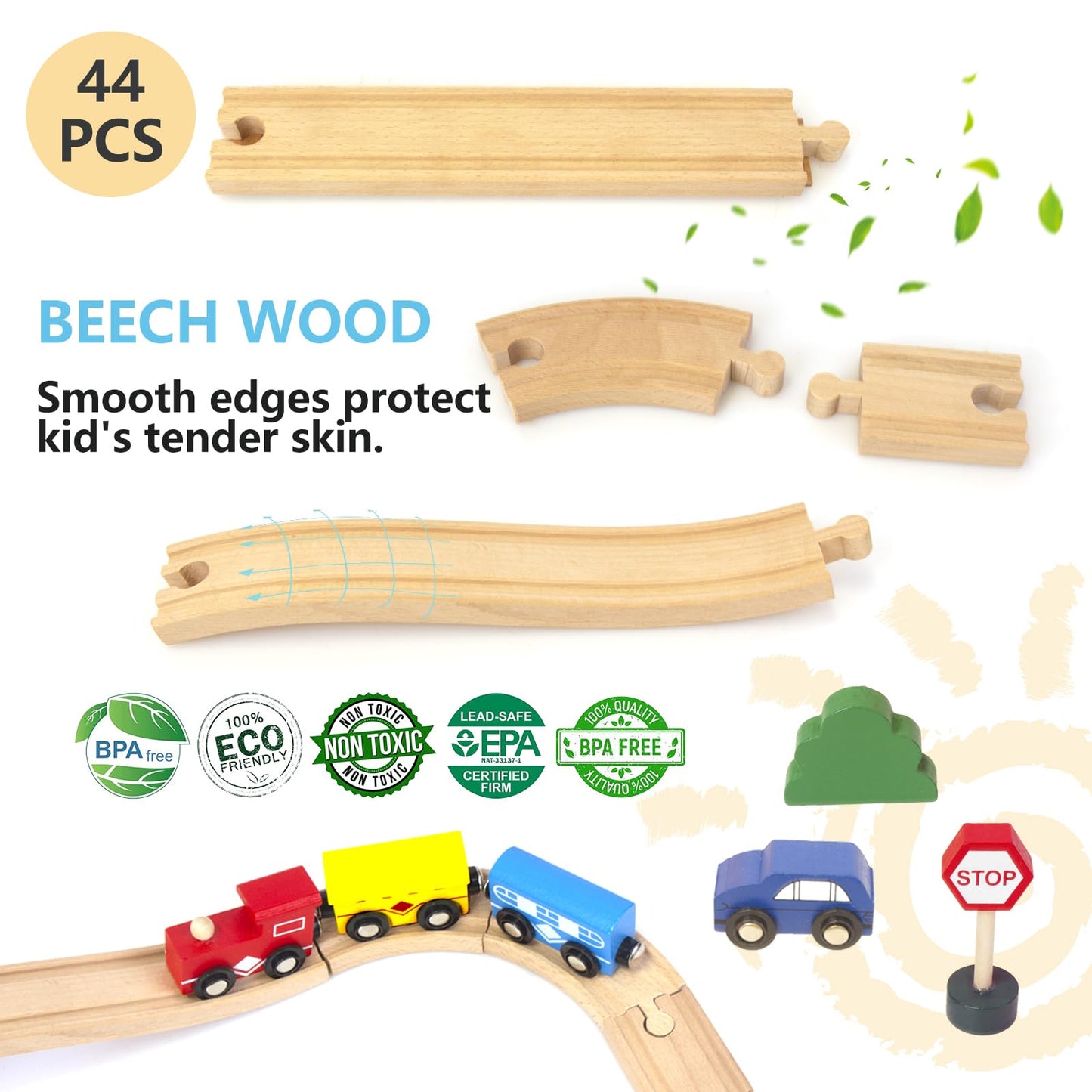 MUYUTOY Wooden Train Track 44Pcs, Wood Train Tracks Expansion Accessories Expansion Pack fits Melissa and Doug, Brio, Thomas, Mo