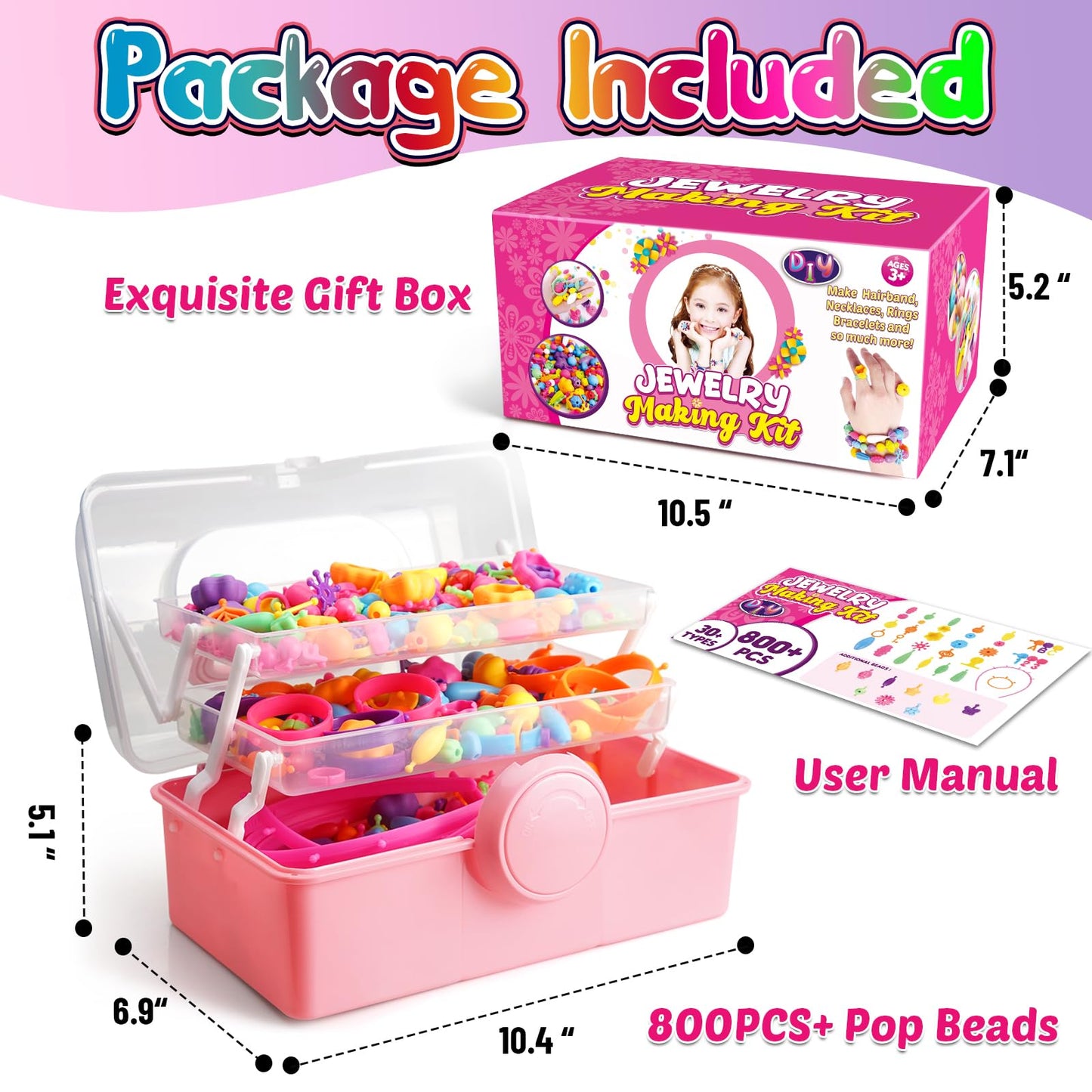 Funzbo 850Pcs Pop Beads - Jewelry Making Kit For 3 4 5 6 7 8 Year Old Little Girls, Arts And Crafts Toys For Kids, Necklace Bracelet Ring Hairband Creativity Snap Set Easter Holidays Birthday Gifts