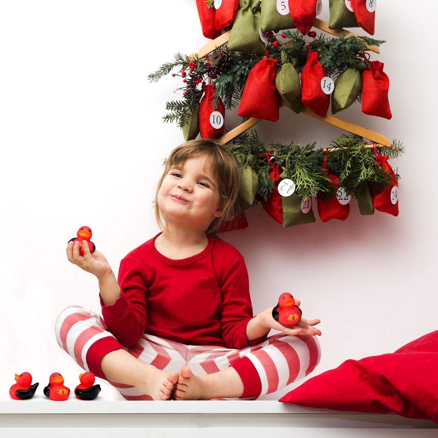 Leyndo 24 Pcs Christmas Mini Rubber Duck Bulk with Xmas Bell for Cruise Ship Party Favors Gifts Bathtub Floating Pool Squeaky Red Black Small Duck for Xmas Baby Shower Party Supplies