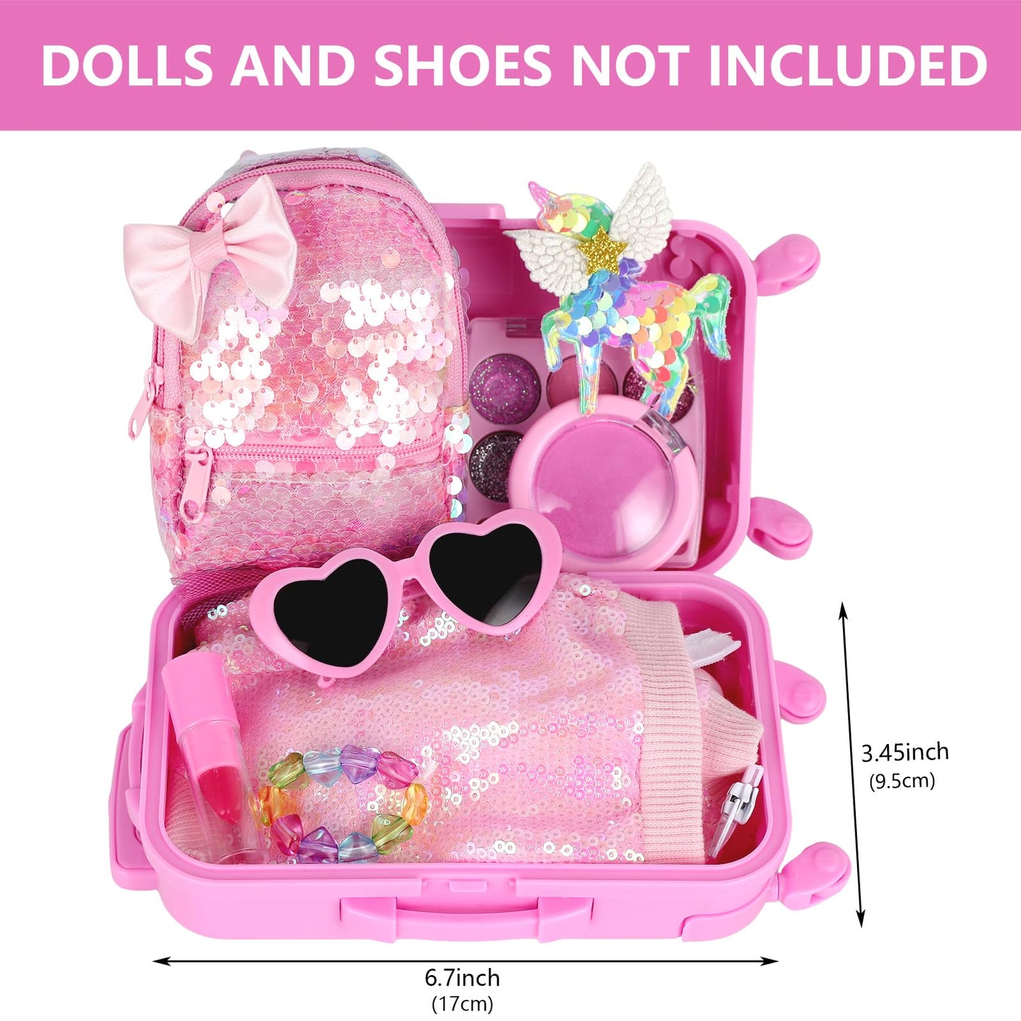 Bddoll American 18 Inch Doll Clothes And Accessories With Travel Suitcase And Makeup Fit 18 Inch Doll Includes Suitcase, Backpack, Sunglasses Lipstick, Eyeshadow Palette, Bracelet, Hair, Blusher