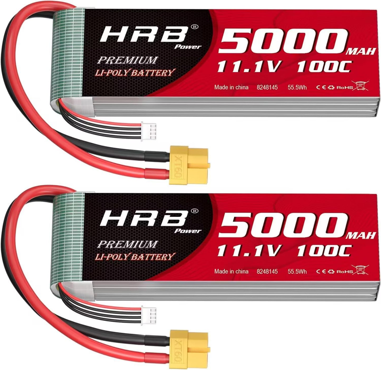 HRB 3S 5000mAh Lipo Battery XT60 100C 11.1V RC Lipo Battery Compatible with RC Car RC Plane RC Truck RC Boat (2packs)