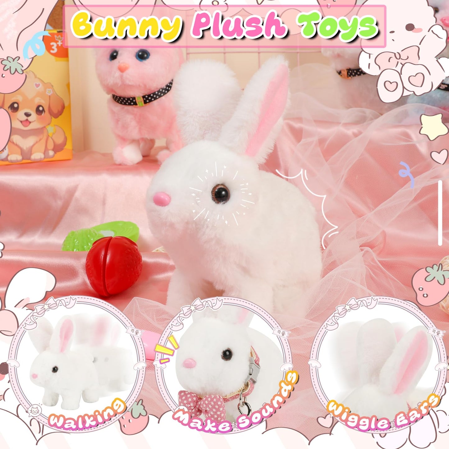 Bunny Plush Toys,Electronic Walking Plush Toys with Sounds,Wiggling Ears,Twitching Mouth,Leash,Interactive Rabbit Toys for Kids