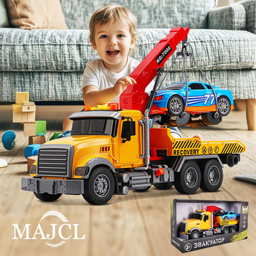 MAJCL 15'' Large Tow Truck Toy,Friction Powered Transport Truck Crane Toy with Lights and Sounds,with Roadster,Kids Toys for 3 4