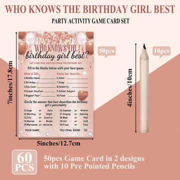 ZOIIWA Birthday Game Cards Set - 50 Pcs Pink Sprinkles with 10 Pre Pointed Pencils for Teen Girls Sleepover Party