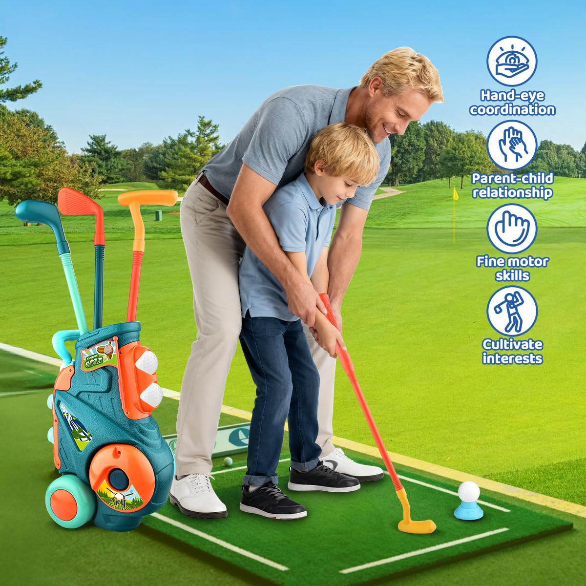 CAPTAIN CHAOWING Toddler Golf Set with Putting Mat, Green Kids Golf Cart, Plastic Clubs & Balls, Ages 3-5+ Years Old