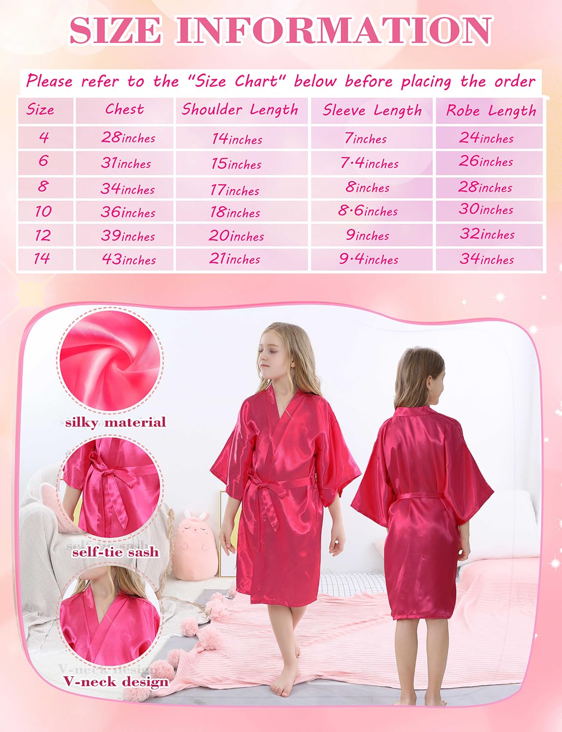 Kid Girls Spa Costume Party Set with Eyemask Hairband Hair Ring Silky Plain Kimono Robes for Wedding Flower Robe (Rose Tag 8)