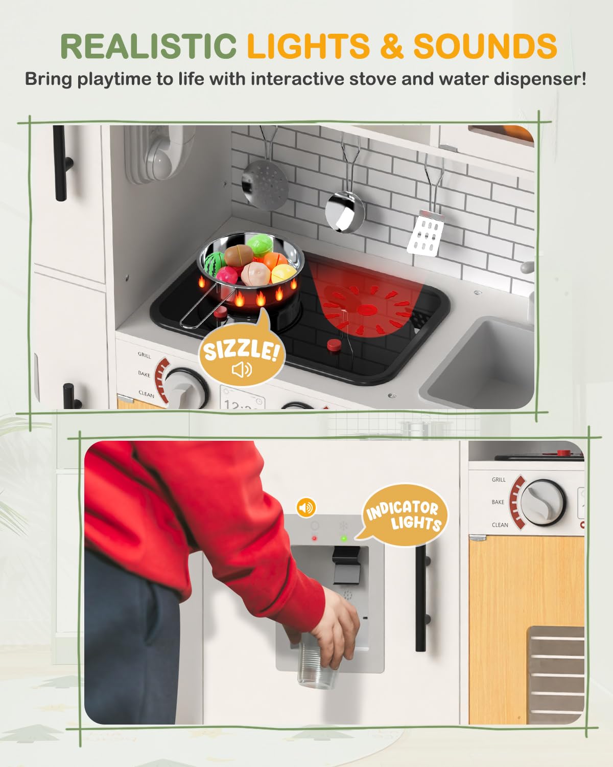 Babytronic Wooden Kitchen Playset for Kids, Interactive Toy Kitchen with Lights & Sounds, White, Ages 3+, Includes Oven & Microwave