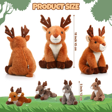 Poen Plush Deer Stuffed Animal Set 16 Inch Cuddly Mommy Deer Plush With 4 Cute Little Plushes In Her Zippered Tummy For Kids Birthday Baby Shower Decor Gift Woodland Party Favors(Sitting)