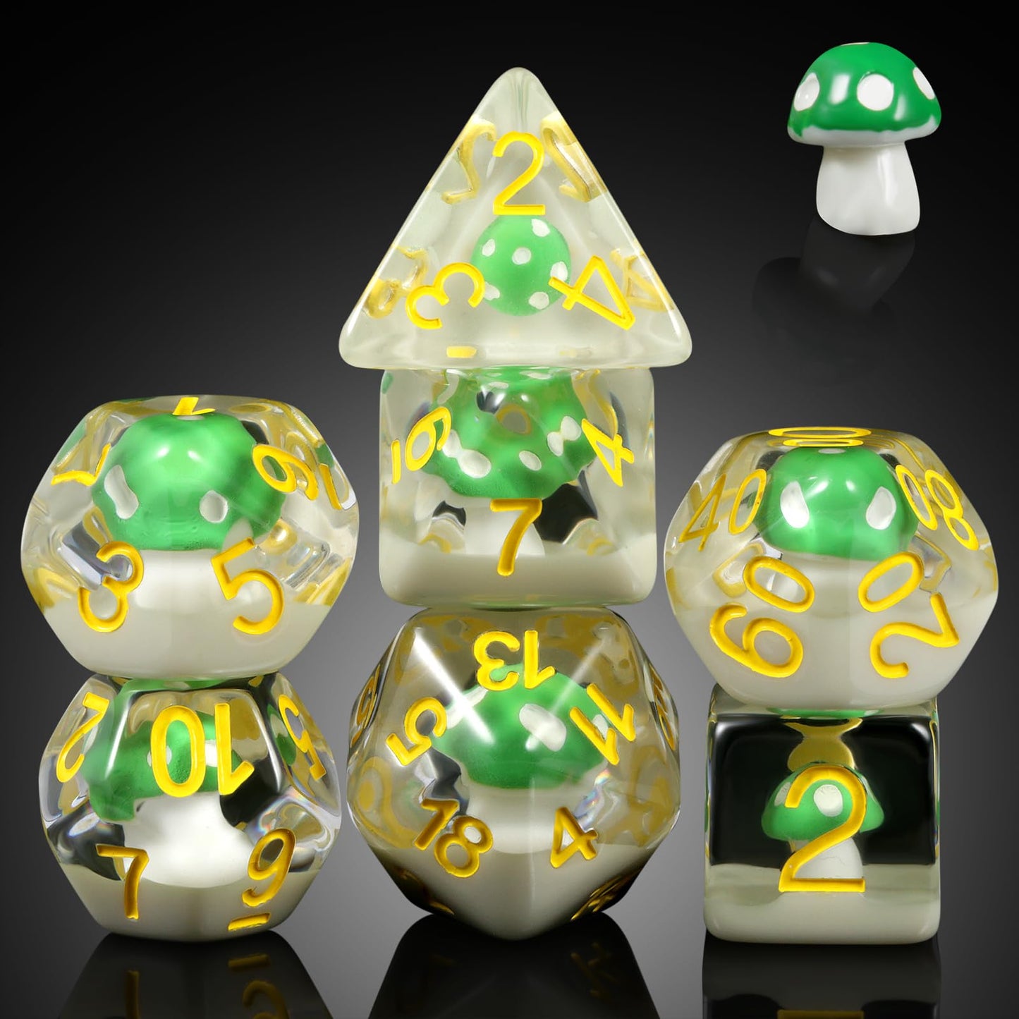 Mushrooms D&D Dice, DNDND 7PCS Resin DND Dice with Velvet Bag for Dungeons and Dragons Role Playing Games and Tabletop Games(Gre