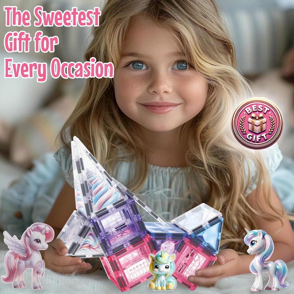 Little Pi Unicorn Toys For Girls Age 4-6 - Unicorn Magnetic Tiles Frozen Toys For Girls Age 4-7 - 3 Year Old Girl Gifts 4 Year Old Girl Birthday Gifts Magnetic Blocks Age 3 4 5 6 7 8