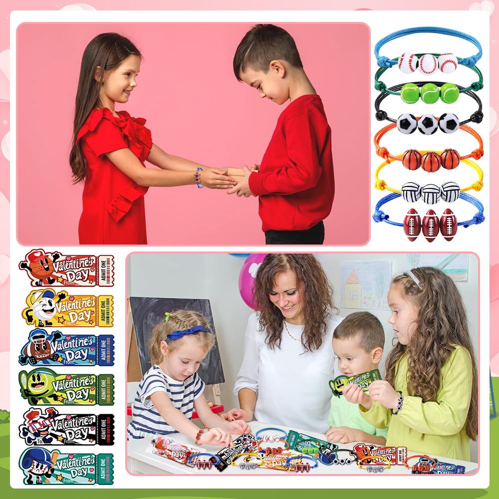 DIYDEC 30Pcs Valentines Sports Bracelets with Cards 6 Styles Soccer Basketball Bracelets for Kids Valentines Party Favors Sports